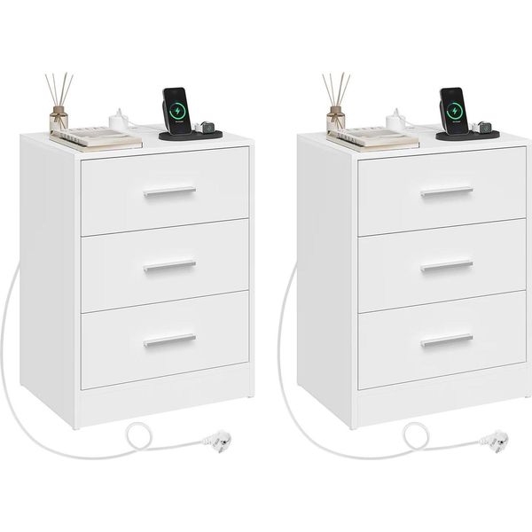 Comodino - Cassettiera - Set Di 2 - 3 Cassetti - 39X28,5X54,5 Cm - Truciolare E1 E Mdf - Portata 30 Kg - Bianco-image