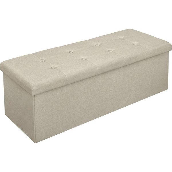 Sgabello Portaoggetti - Pieghevole Con Vano Portaoggetti - Rivestimento In Lino - Seduta Stabile - Dimensioni 110 X 37,5 X 38 Cm - Beige-image