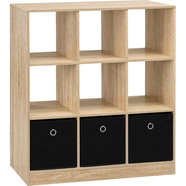 Libreria - Scaffale A Cubo Con 9 Scomparti - Tre Scatole In Tessuto - Tre Livelli - Dimensioni 80 X 86,5 X 30 Cm - Portata 50 Kg - Rivestimento Melaminico E1 - Rovere Chiaro-image
