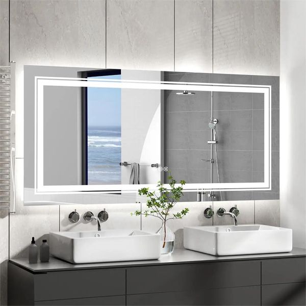 Specchio Da Bagno A Led - Specchio Rettangolare Da Parete - 140 X 70 Cm - Frontale E Retroilluminato - Antiappannamento - Cornice In Alluminio - Montaggio A Parete - Giallo-image