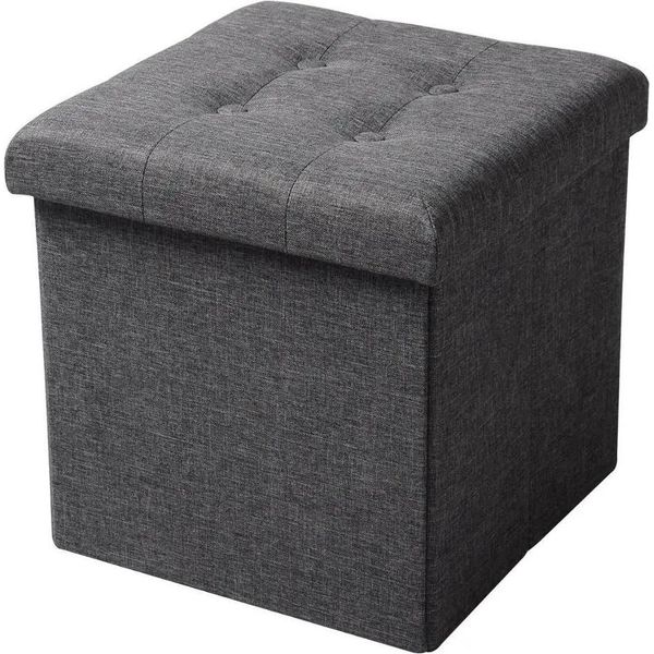 Sgabello Con Vano Portaoggetti - Pouf/Pedana Pieghevole - Rivestimento In Lino - Volume 40 L - 37,5 X 37,5 X 38 Cm - Portata 300 Kg - Robusta Struttura In Mdf E1 - Grigio Scuro-image