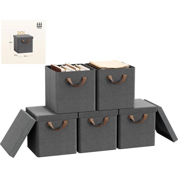 Scatole Pieghevoli In Tessuto Per Abiti - Set Di 5 20 L - Con Coperchio - Struttura In Metallo - 27 X 27 X 27 Cm - Grigio-image