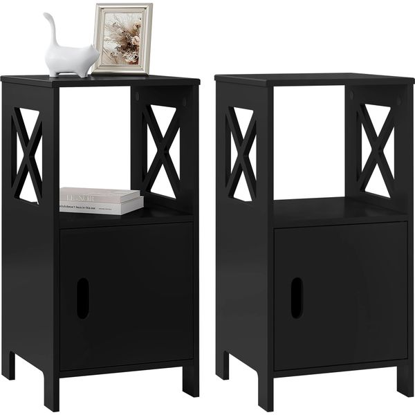 Comodino - Mobiletto Laterale - Set Di 2 - Stretto - 30 X 60 X 30 Cm - 1 Scomparto Aperto + Mobile Ad Ante - Mdf P2 - Portata 25 Kg - Nero-image