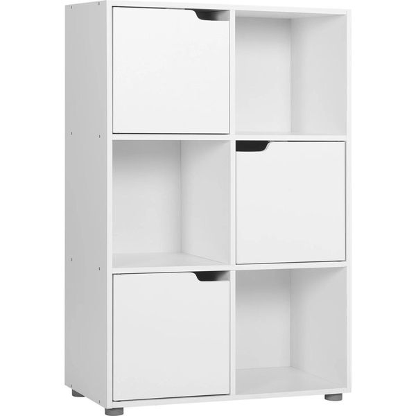 Libreria In Legno - Libreria A Muro Con Ante - 6 Scomparti, 3 Ante, 3 Livelli, Mdf, 59,7×29,7×91 Cm, Piedini Antiscivolo - Bianco-image