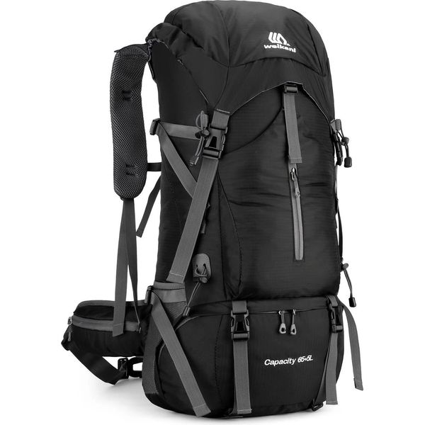 Zaino Da Escursionismo E Trekking 70 L - Zaino Da Arrampicata E Campeggio - Idrorepellente - Copertura Antipioggia Inclusa - Nylon Leggero - Nero-image