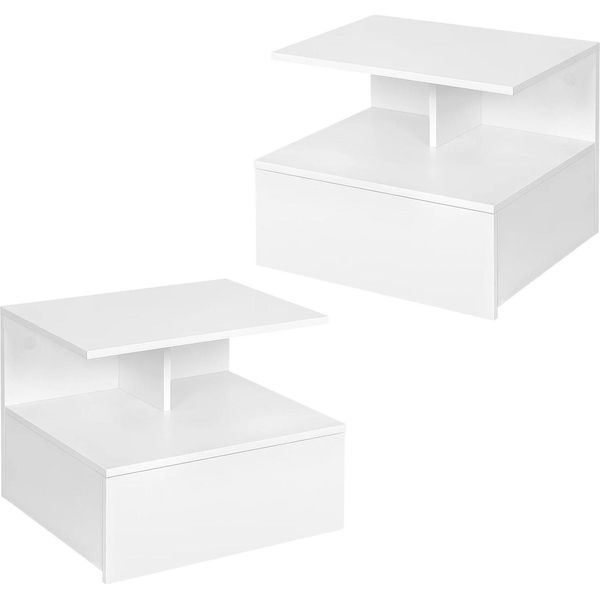 Comodino A Parete - Comodino Con Cassetto - Set Di 2 - Legno - 40×35×31 Cm - Bianco-image