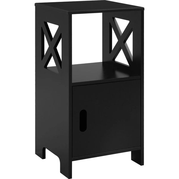 Comodino - Mobiletto Laterale - Altezza 60 Cm - 1 Anta + Vano A Giorno - Legno Mdf - Si Monta Da Soli - Nero-image