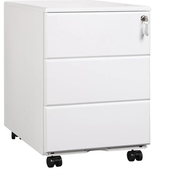Piedistallo Mobile In Metallo - Cartella Con 3 Cassetti - Chiusura A Chiave - Cartelle Sospese Regolabili - Su Rotelle - Acciaio Inox - 39 X 52,4 X 54 Cm - Bianco-image