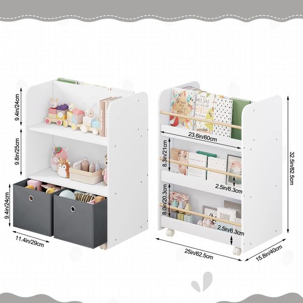 Libreria Per Bambini Su Rotelle - Libreria E Carrello Porta Libri - Bifacciale - Con Contenitori - Rovere - 62,5X40X82,5 Cm - Cameretta E Stanza Dei Bambini - Bianco Avorio-image