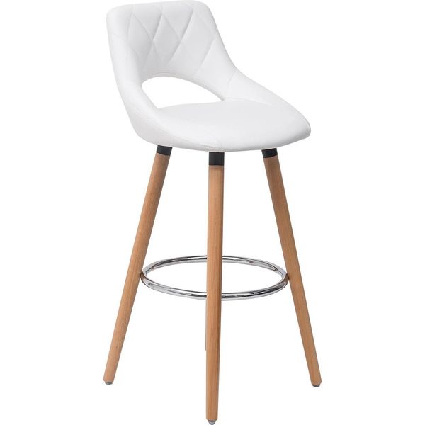 Sgabello Lounge Bar - Sgabello Da Banco Con Schienale - Poggiapiedi - Similcuoio - Gambe In Legno Di Faggio - Altezza Fissa - Seduta Circa 43X43 Cm - Bianco-image