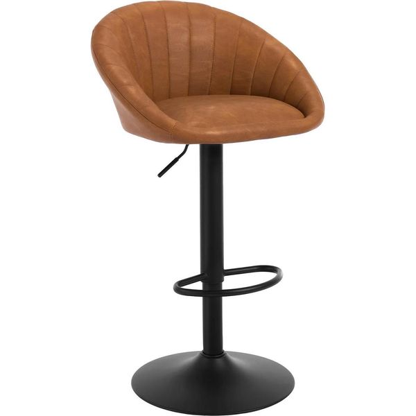 Sgabello Da Bar - Sgabello Da Cucina - Girevole A 360° - Altezza Regolabile 62-82 Cm - Seduta In Pelle Finta - Con Schienale E Braccioli - Poggiapiedi In Metallo - Marrone-image