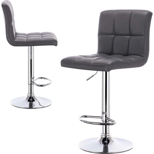 Sgabello Da Bar Moderno - Sgabello Da Banco Regolabile In Altezza - Altezza Totale 92-114 Cm - Altezza Seduta 60-82 Cm - Girevole - Schienale 32 Cm - Similcuoio - Fino A 120 Kg - Grigio Chiaro-image