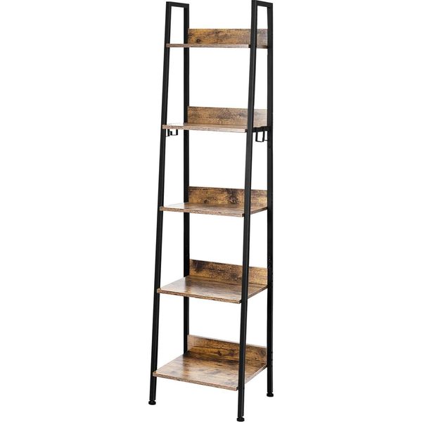 Libreria / Scaffale Verticale - Freestanding - 5 Livelli - 40 X 36 X 170 Cm - Mdf + Metallo - 10 Kg Per Ripiano - Design Moderno - Rovere Scuro E Nero-image
