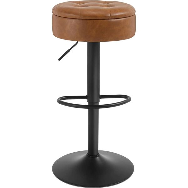 Sgabello Da Bar - Sgabello Da Banco Con Schienale - Rivestimento In Pelle Finta - Altezza Seduta 60,5 Cm - Larghezza Seduta 38 Cm - Struttura In Metallo - Seduta Rotonda - Marrone-image