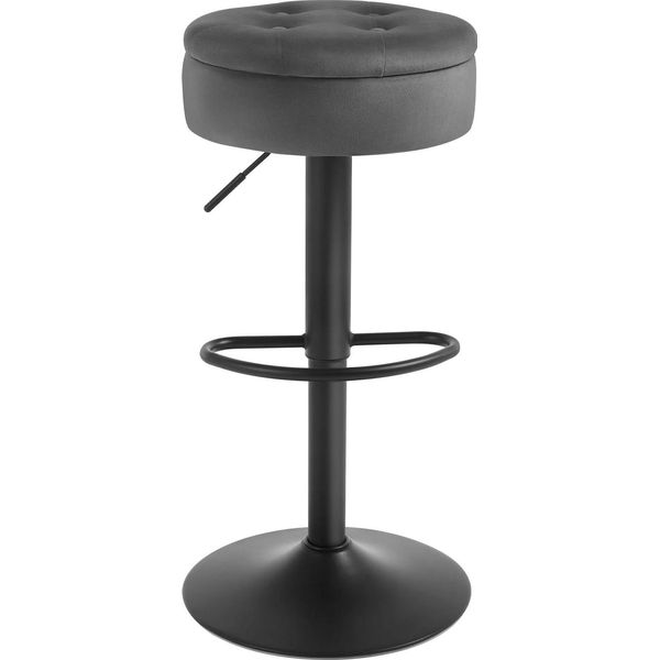 Sgabello Da Bar - Sgabello Da Banco - Girevole A 360° - Velluto Con Schienale - Struttura In Metallo - Altezza Seduta 60,5 Cm - Seduta Rotonda 38 Cm - Grigio Scuro-image