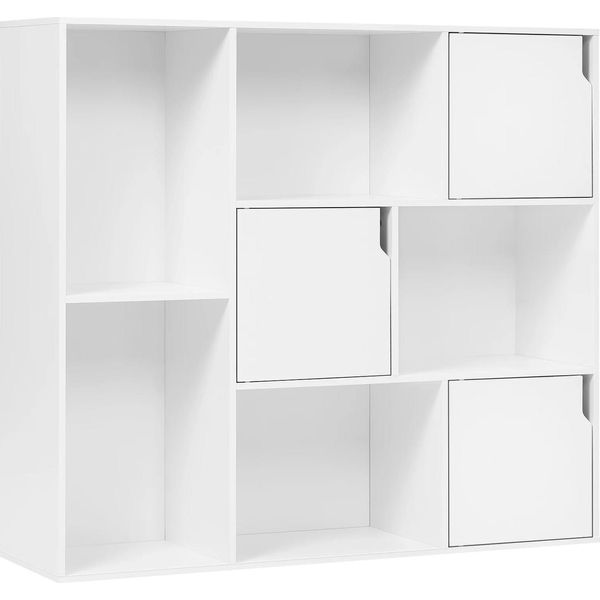 Libreria - Libreria A Muro - 8 Vani A Giorno - Mobile Con Anta - Ripiani Regolabili - Rovere Massiccio - 106X96X30 Cm - Bianco-image