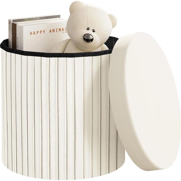 Sgabello Contenitore - Pouf Rotondo - Pieghevole - Coperchio Imbottito Rimovibile - Struttura In Mdf - Ø38 X 36 Cm - Crema-image