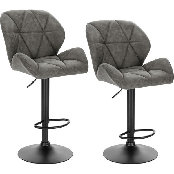 Set Di 2 Sgabelli Da Bar - Regolabile In Altezza E Girevole - Sollevamento A Gas, Girevole A 360°, Poggiapiedi Cromato, Seduta 50X40 Cm, Altezza Seduta 60-82 Cm, Max. 100 Kg - Pelle Grigia-image