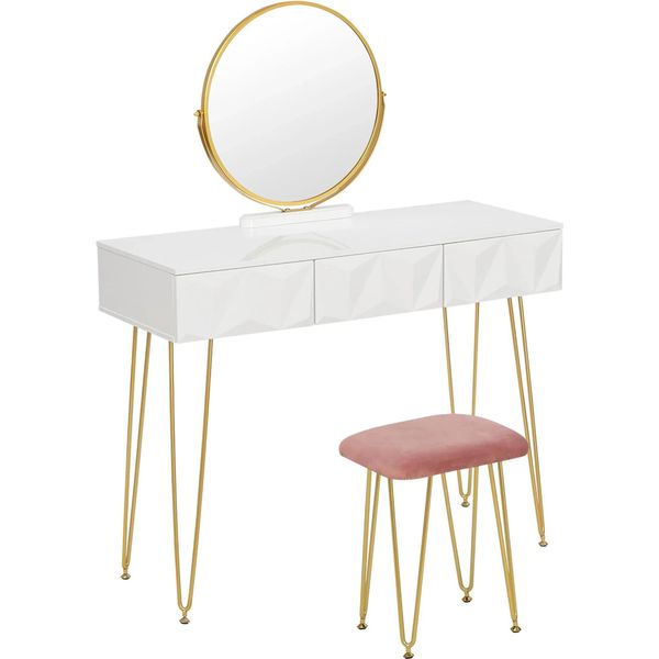 Set Tavolino Da Toilette - Tavolino Da Toilette Con Specchio E Sgabello - 3 Cassetti - Specchio Girevole - Sgabello In Velluto - 100X40X79 Cm - Mdf + Legno Massiccio - Bianco-image