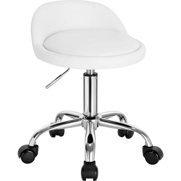 Sgabello Da Ufficio - Sgabello Girevole - Altezza Regolabile 53-65,5 Cm - Schienale Basso - Ruote - Seduta 30X30 Cm - 120 Kg - Pelle Bianca-image