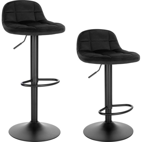 Sgabello Da Bar - Set Di 2 - Altezza Regolabile - Girevole A 360° - Schienale E Poggiapiedi - Velluto + Metallo - Altezza Seduta 62-83 Cm - Nero-image