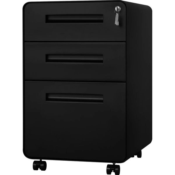 Piedistallo Mobile Per Ufficio - Armadio Per Archiviazione - Chiusura A Chiave - 3 Cassetti - Metallo - Con Rotelle - 40 X 63 X 50,8 Cm - Nero-image