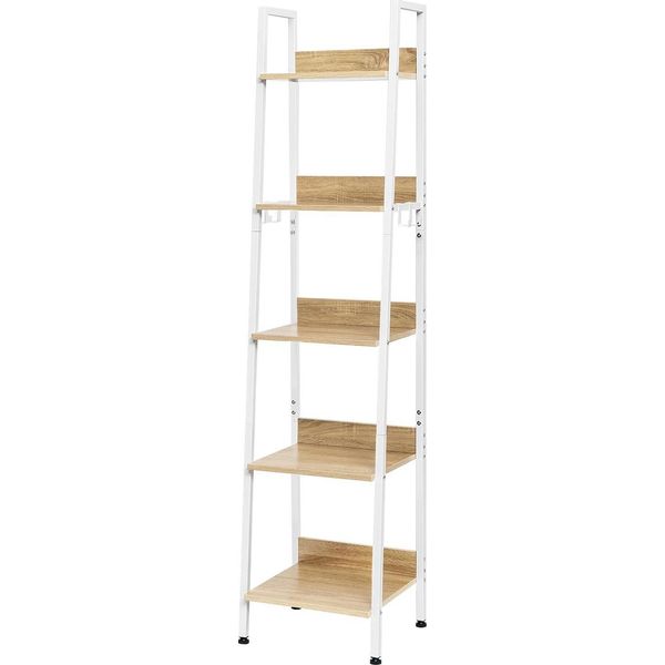 Libreria - A Terra - Con 4 Ganci - 5 Livelli - Mdf + Metallo - 10 Kg Per Livello - 40 X 36 X 170 Cm - Rovere Chiaro E Bianco-image