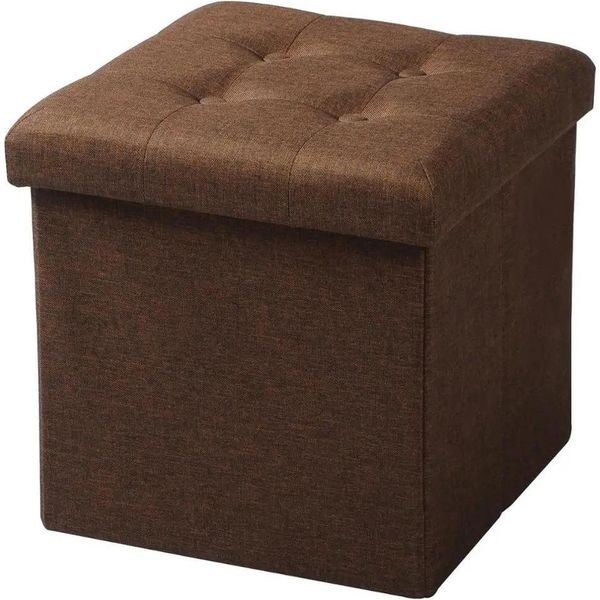 Sgabello Contenitore - Sgabello/Pouf Pieghevole - Tessuto Di Lino - Sfoderabile - Imbottito - 37,5×37,5×38 Cm - Marrone-image