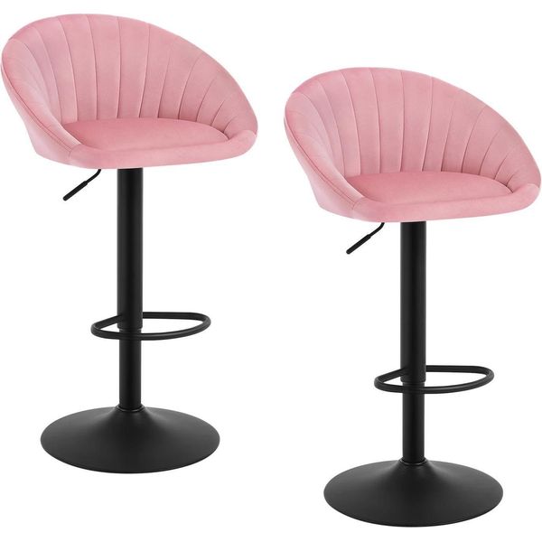 Set Di 2 Sgabelli Da Bar - Sgabello Da Cucina - Altezza Regolabile - Girevole A 360° - Schienale Ergonomico - Struttura In Metallo - Velluto Rosa-image