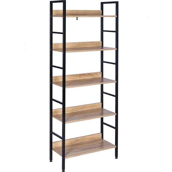 Libreria Scaffale Verticale - 5 Scomparti - 60×27,5×160 Cm - Struttura In Acciaio E Mdf Rivestito In Melamina - 20 Kg Per Scomparto - Facile Montaggio - Nero/Rovere Chiaro-image