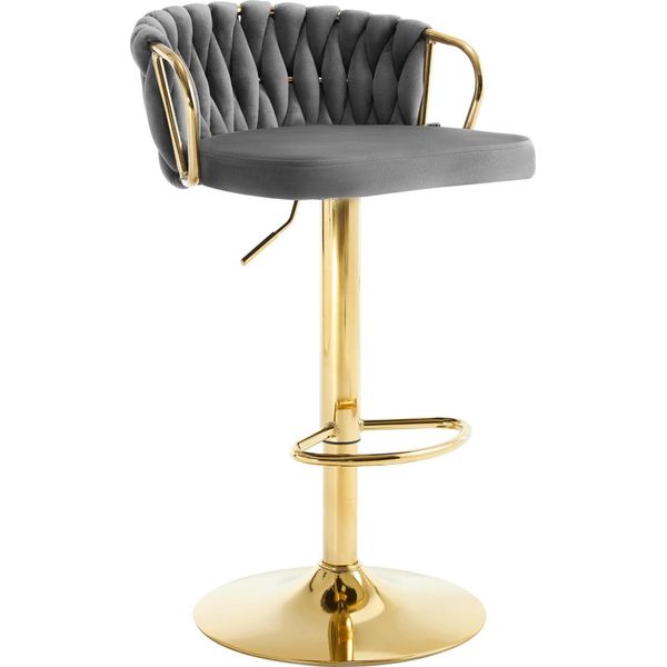 Sgabello Da Bar - Regolabile In Altezza, Girevole - Seduta In Velluto, Schienale Intrecciato, Struttura In Metallo Con Poggiapiedi, 49,5 X 50,5 Cm, Altezza 77-98 Cm - Grigio Scuro-image