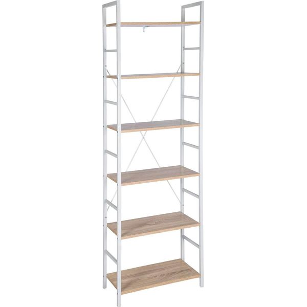Scaffale Portaoggetti - Libreria A 6 Livelli - Mdf E Metallo - 60×28×180 Cm - Autoassemblaggio - Portata Circa 20 Kg - Rovere Chiaro E Bianco-image