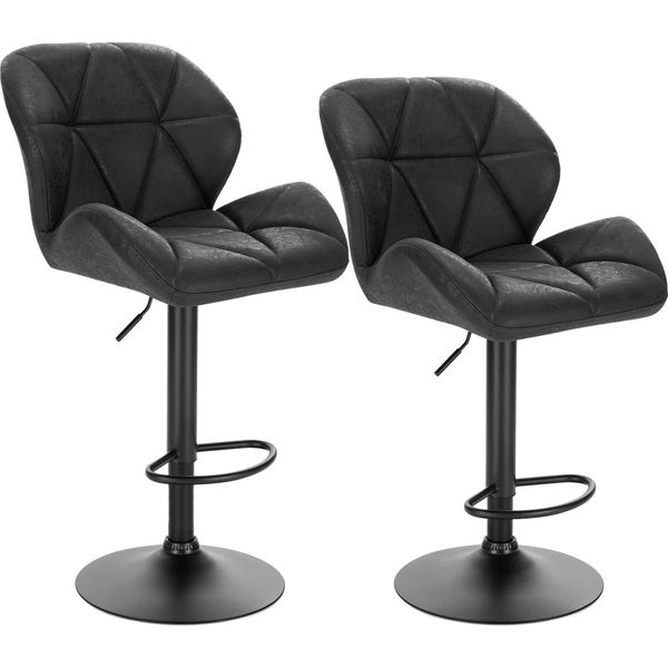 Set Di 2 Sgabelli Da Bar - Regolabili In Altezza E Girevoli - Alzata A Gas 60-82 Cm - Seduta 50X40 Cm, Altezza Totale 94-116 Cm - Struttura In Acciaio Cromato Con Poggiapiedi - 100 Kg - Pelle Nera-image