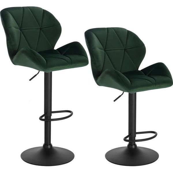 Set Di 2 Sgabelli Da Bar - Sgabello Da Bar In Velluto - Regolabile In Altezza - Girevole - Alzata A Gas, Struttura In Acciaio Cromato Con Poggiapiedi - Seduta 50X40 Cm, Altezza Seduta 60-82 Cm - Verde Scuro-image