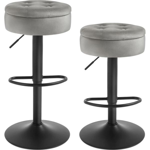 Set Di 2 Sgabelli Da Bar - Sgabello Rotondo Girevole - Girevole A 360° - Struttura In Metallo - Seduta In Velluto - Altezza Seduta 60,5 Cm - 39×39×79,5 Cm - Grigio Chiaro-image
