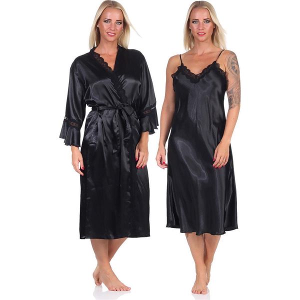 Vestaglia Da Donna 2 Pezzi Kimono Negligee Vestaglia Di Raso Con Pizzo; Nero/L/40-image