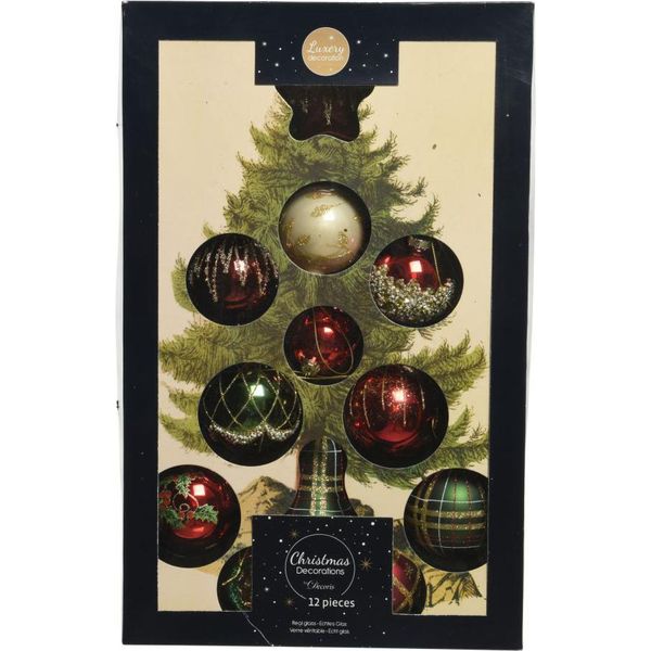 Set Di 12 Decorazioni Natalizie In Vetro Rosso Verde Oro Di Alta Qualità Varie Forme Elegante Mix Con Perline Glitter E Decorazioni-image