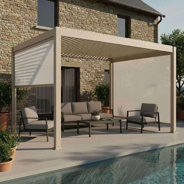 Pergola Bioclimatica Autoportante Motorizzata, 3 X 4 M E 2 Tende - Oviala Kavala-image