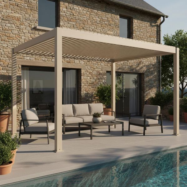 Pergola Bioclimatica Autoportante Motorizzata E Illuminata 3X4 M Crema - Oviala Kavala-image