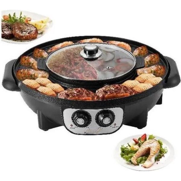 Happyment® Korean Bbq & Hotpot - Grill Elettrico Con Coperchio - Set 2-In-1 Per Grill E Hotpot - Temperatura Regolabile - 1200W - Nero-image