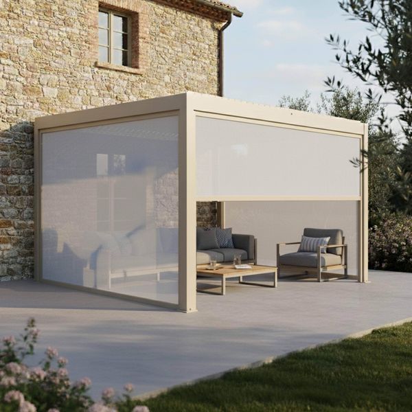 Pergola Bioclimatica Motorizzata E Addossata 3X4M E 3 Tende Color Crema - Oviala Thebes-image