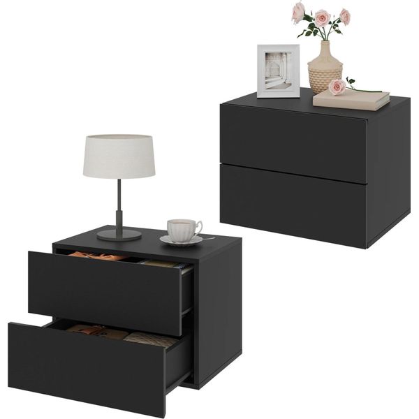Comodino A Parete - Versione Sospesa Con Cassetto - 40×30×30 Cm - Legno - Design Minimalista - Nero-image