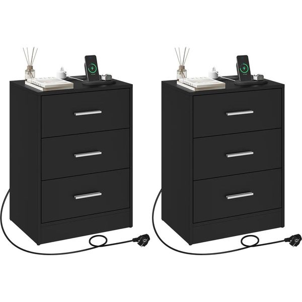 Comodino / Comodino - 3 Cassetti - Porta Di Ricarica Usb - Altezza 54 Cm - Legno - Set Di 2 - Nero-image