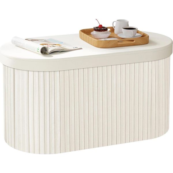 Sgabello Contenitore - Panca/Ottomana Pieghevole - 76×38×38 Cm - Coperchio Imbottito Rimovibile - Rivestimento In Tessuto - Struttura In Mdf - Bianco Crema-image