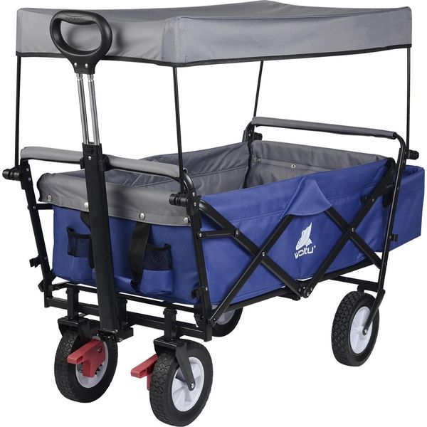 Carrello Pieghevole Con Tetto - Carrello Da Giardino - Portata 80 Kg - Ruote 20 Cm - Poliestere 600D - Copertura Lavabile - Blu-image