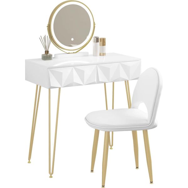 Tavolino Da Toilette - Tavolo Cosmetico - Led Con 3 Colori Di Luce - 2 Cassetti - Specchio Girevole A 360° - Sedia In Velluto - 80 X 123 X 40 Cm - Bianco-image