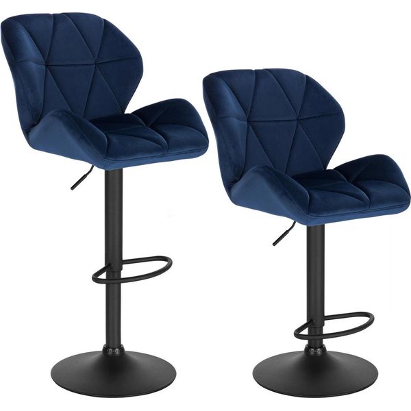 Set Di 2 Sgabelli Da Bar - Sgabello Da Bar Girevole Regolabile In Altezza - Alzata A Gas - Seduta 50X40 Cm - Altezza Seduta 60-82 Cm - Base In Acciaio Cromato Con Poggiapiedi - Velluto Blu-image