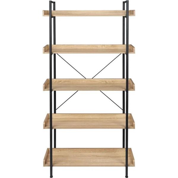 Libreria - Scaffale Verticale - 5 Livelli - Mdf + Metallo - 91 X 25,5 X 173 Cm - Struttura Nera - Rovere Chiaro-image
