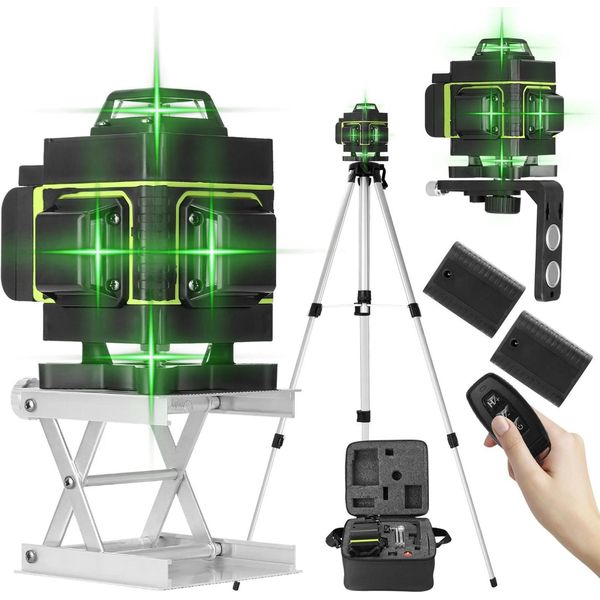 Laser A Linee Incrociate - Laser A 16 Linee - Linee Verticali E Orizzontali - Autolivellante - Treppiede In Alluminio Da 1,2 M, Regolabile In Altezza In 3 Posizioni - Verde-image