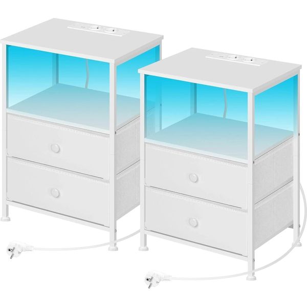 Comodino - Set Di Due Pezzi - Illuminazione Led Regolabile - Porte Di Ricarica Usb - Due Cassetti - Altezza 60.3 Cm - Legno - Bianco-image